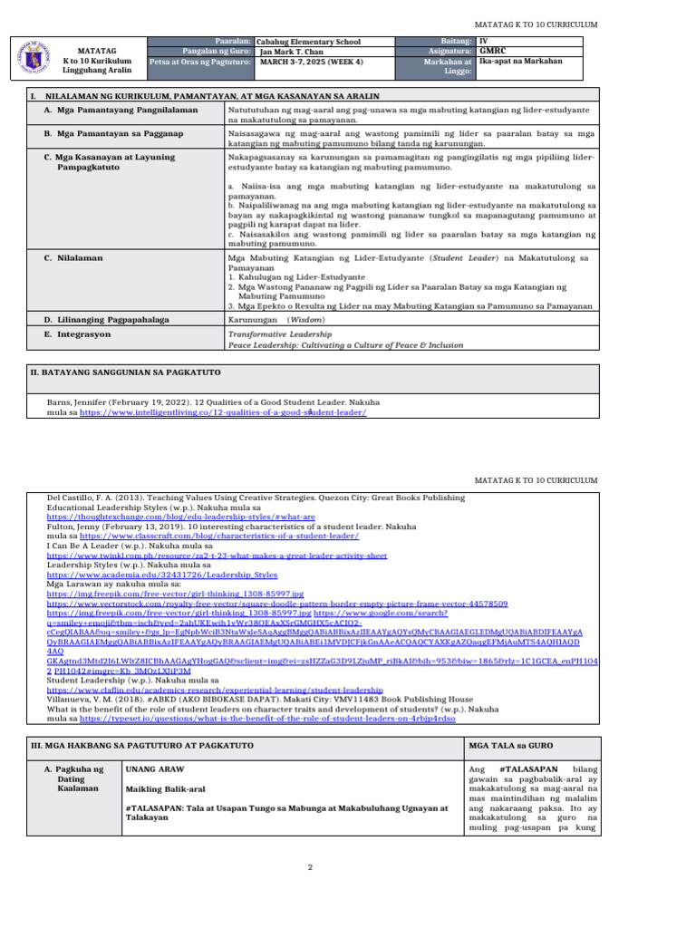 DLL MATATAG _GMRC 4 Q4 W4 | PDF