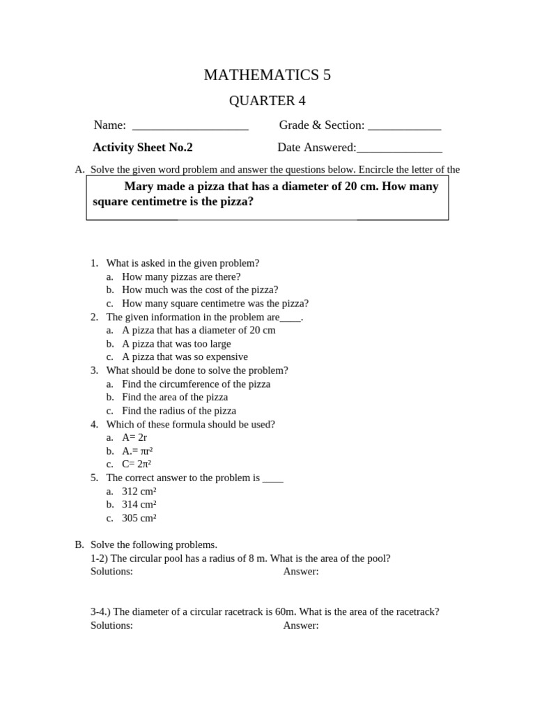 Area of Circle Problem-Solving Activity | PDF