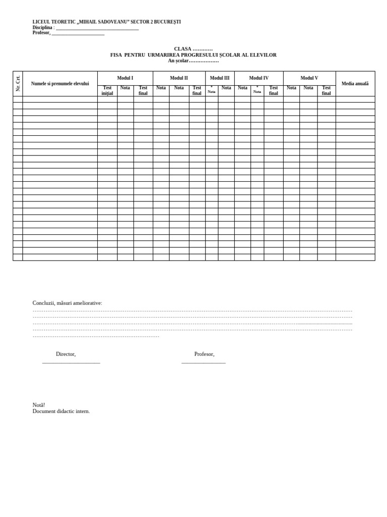 Model Fisa Urmarire Progres Elevi Pe Module | PDF