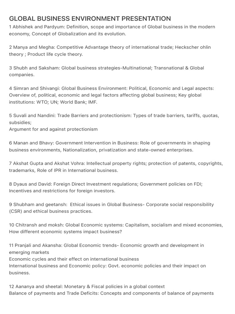 Global Business Environment Presentation | PDF | Balance Of Payments ...