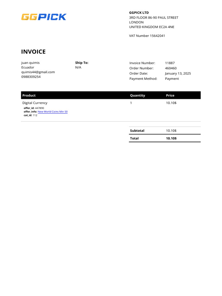 Invoice for GGPICK Ltd Purchase | PDF