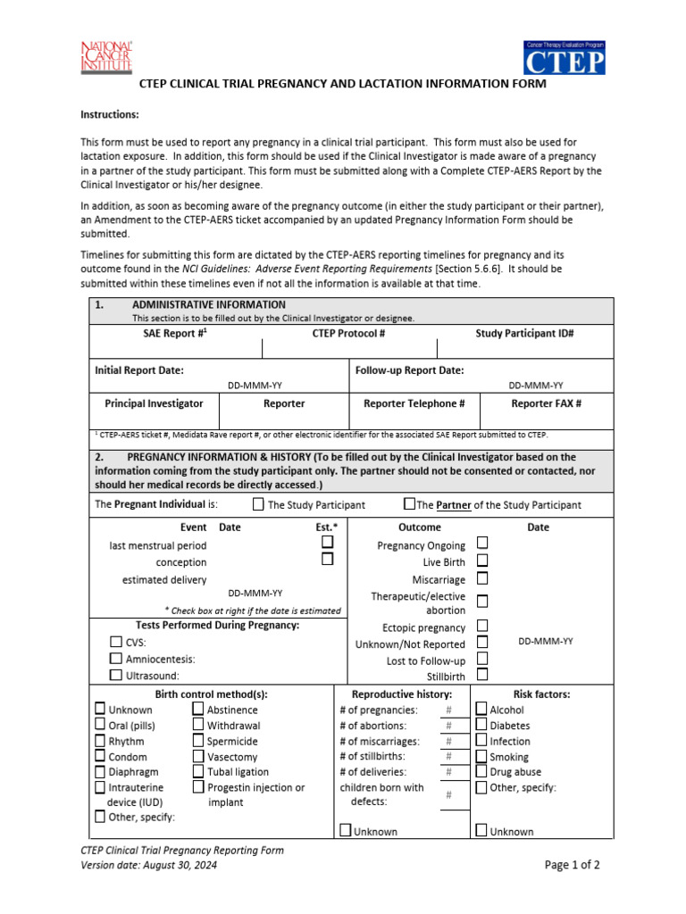 CTEP Clinical Trial Pregnancy Form | PDF | Miscarriage | Reproductive ...