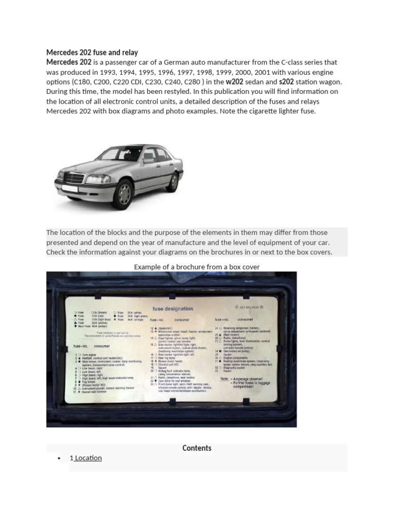 mercedes c220 cigarette lighter fuse W202 Fuse and Relay Locations Guide | PDF | Trunk (Car)
