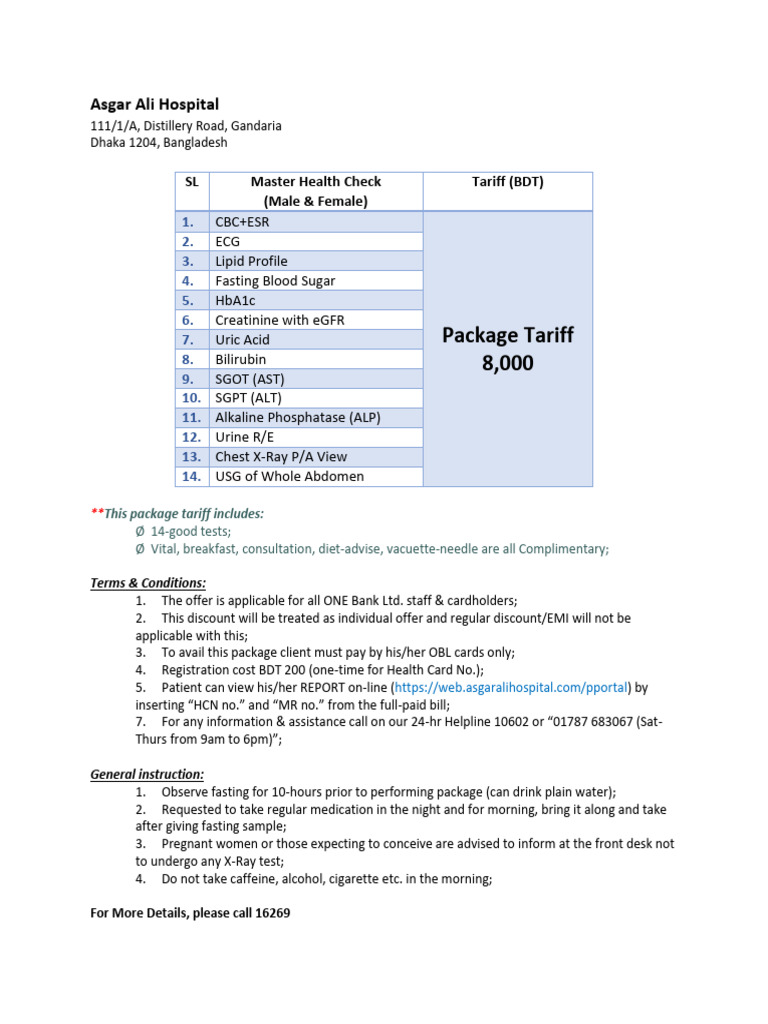 Asgar Ali Hospital Health Checkup Package | PDF