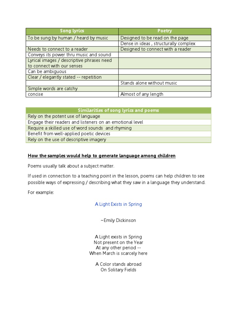 Exploring Song Lyrics and Poetry | PDF | Language Arts & Discipline ...
