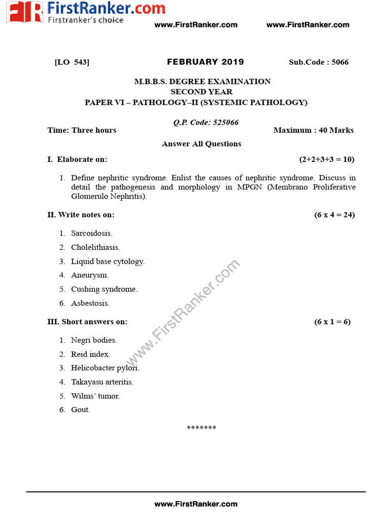 MBBS - 2019 - 2 - Feb - Systemic Pathology II (Systemic Pathology ...