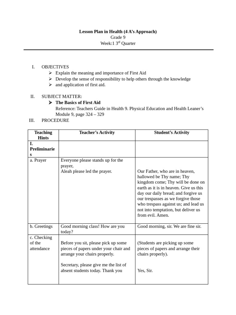 basics of first aid lesson plan | PDF | First Aid | Lord's Prayer