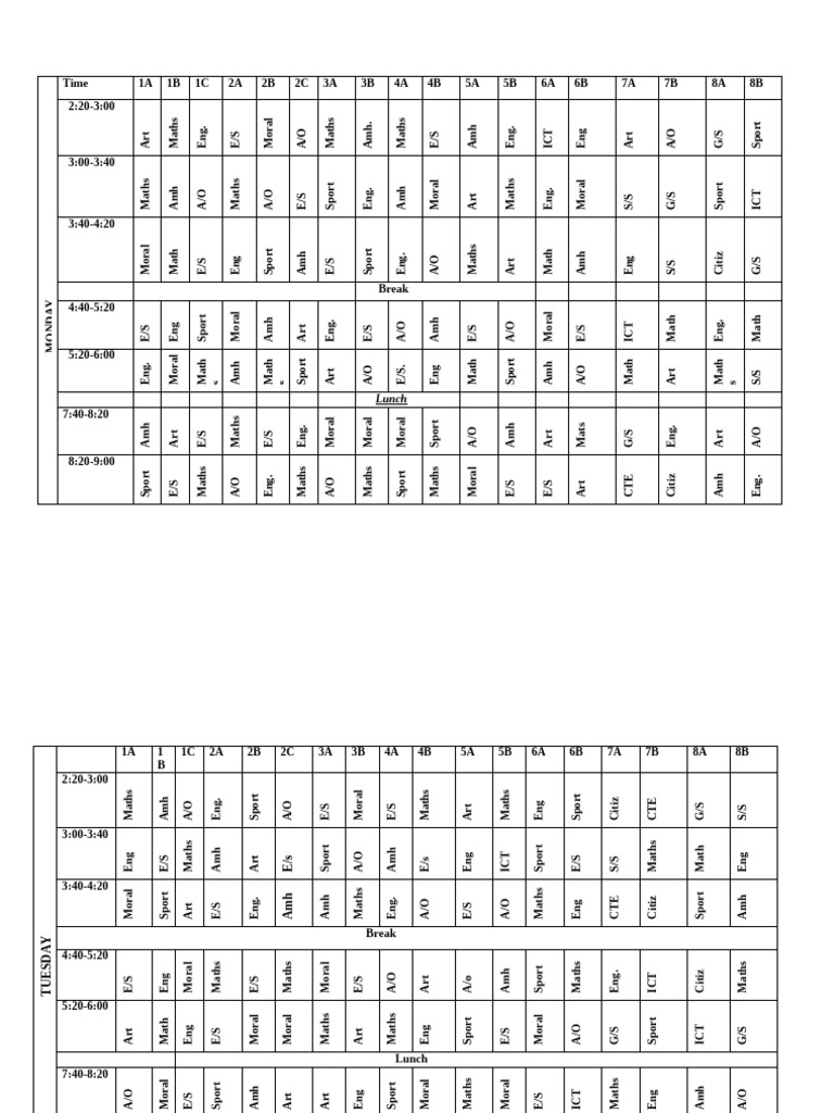 Weekly Class Schedule Overview | PDF