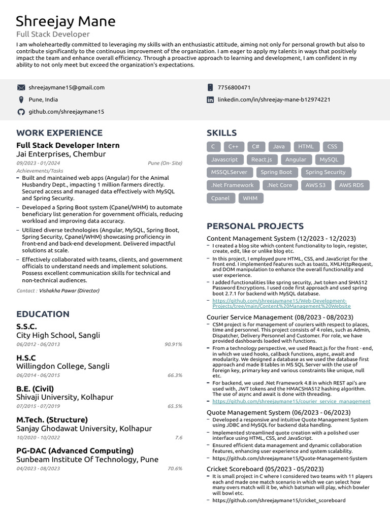 Shreejay's Resume Full Stack Developer Shreejaymane15@gmail Com PDF ...