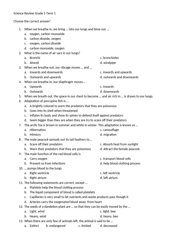 Grade 5 Science Review Questions | PDF | Lung | Water