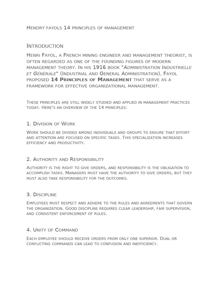 Henri Fayol's 14 Management Principles | PDF | Business | Leadership