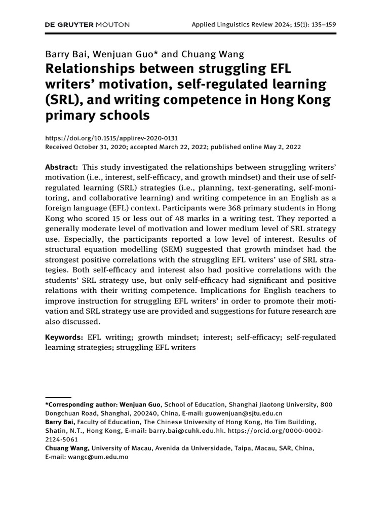 EFL Writers' Motivation and SRL Strategies | PDF | Self Efficacy ...
