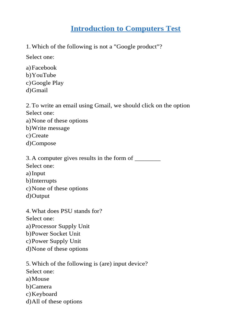 Introduction To Computers Test | PDF | Input/Output | Gmail