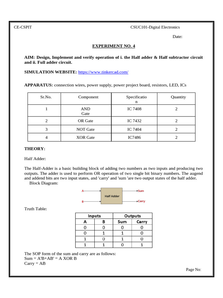 Half Adder and Subtractor Circuit Design | PDF | Electrical Circuits ...