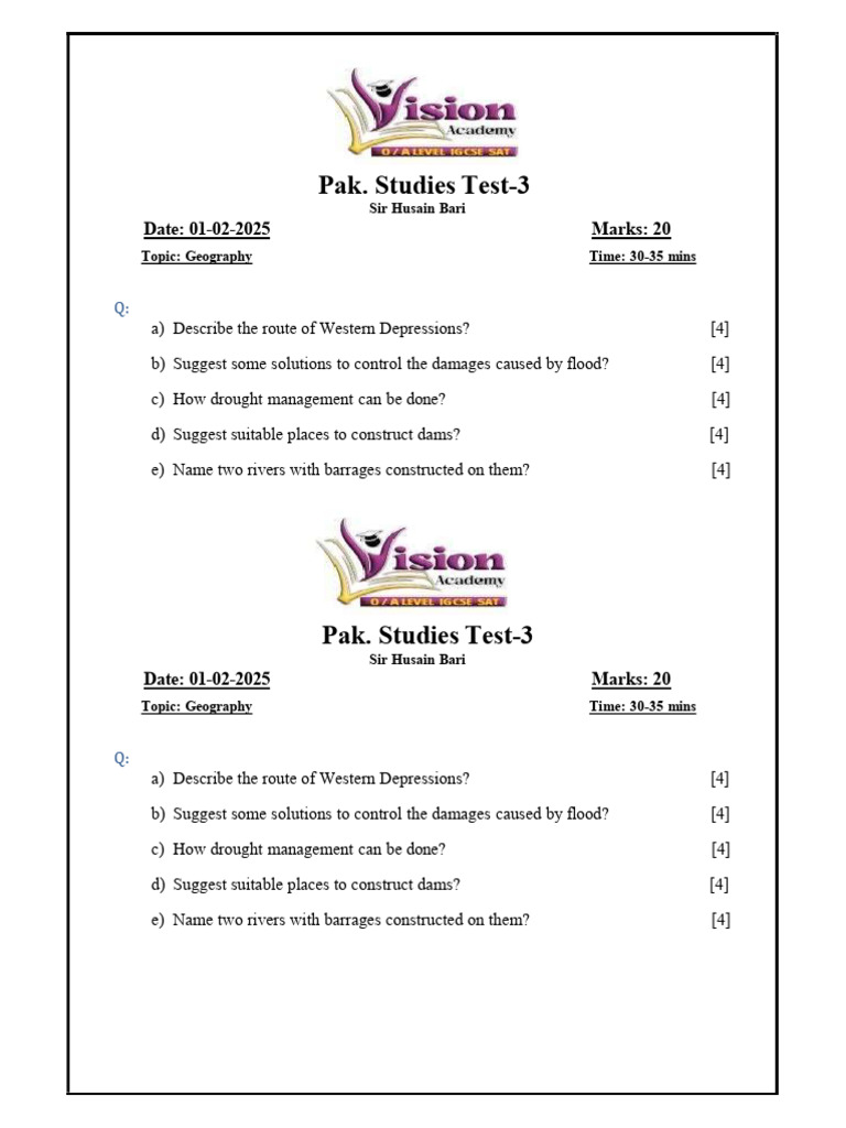 Pak. Studies Test 3 - 01-Feb-2025 | PDF