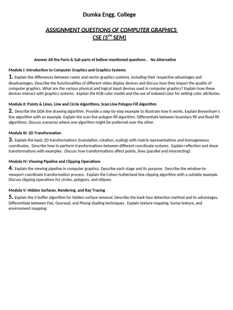 Computer Graphics Assignment Questions | PDF