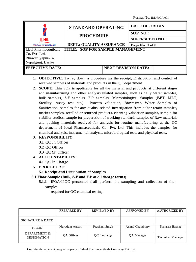 SOP for QC Sample Management | PDF | Quality Assurance | Business Process