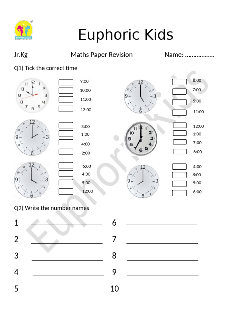 Jr.Kg Maths Revision Worksheet | PDF