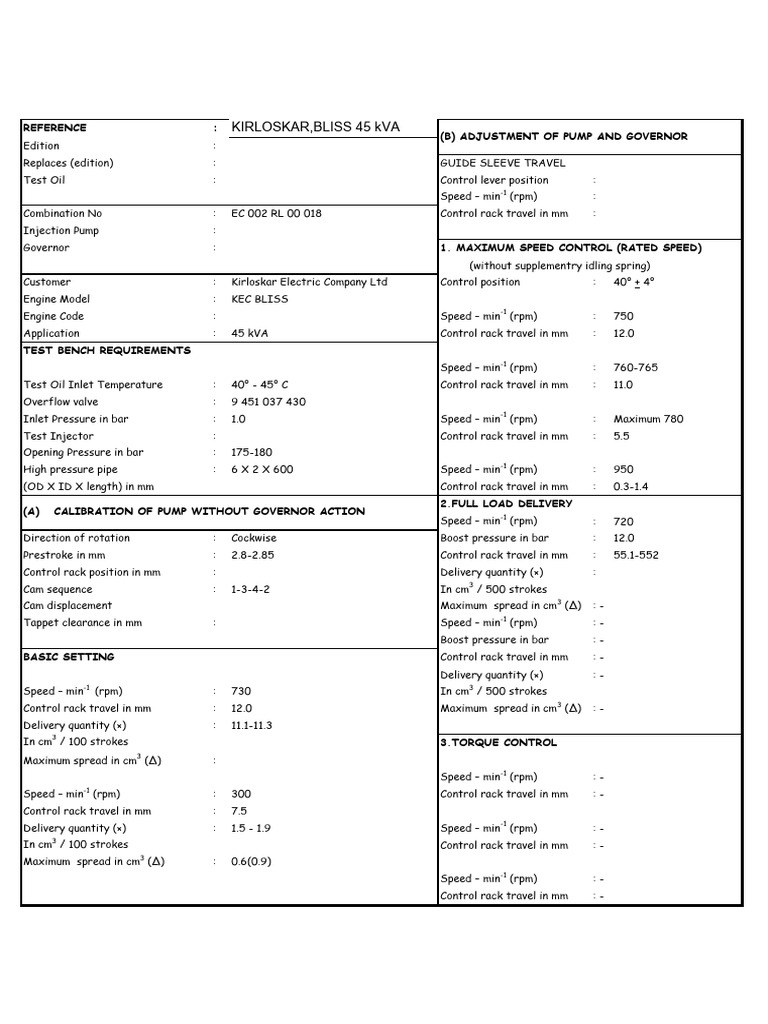 Kec 45kva Fip Calibrations | PDF | Pump | Machines