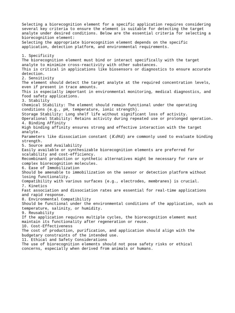 Selection Criteria of Bio Sensor | PDF | Chemistry | Applied And ...