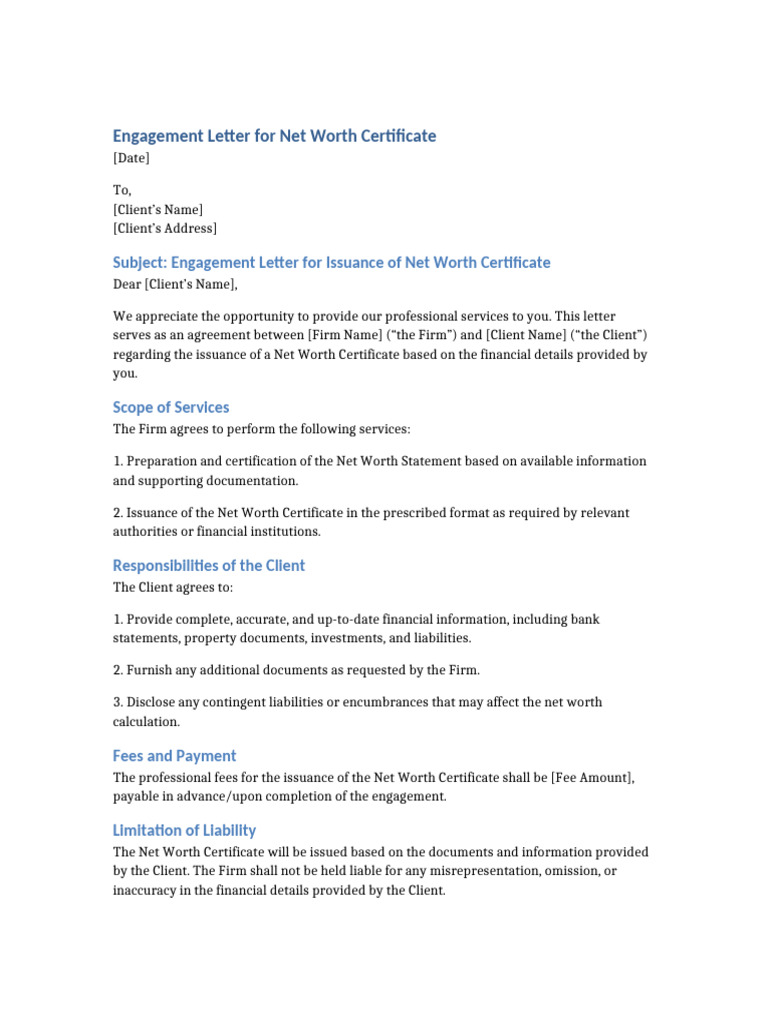 Net Worth Certificate Engagement Letter | PDF