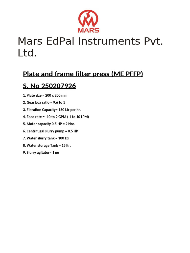 Plate and Frame Filter Press PLATE | PDF