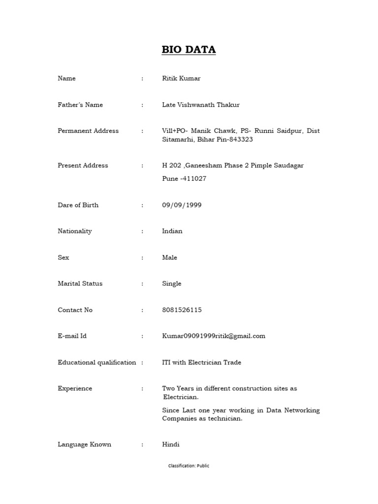 Ritik Kumar's Bio Data and Experience | PDF
