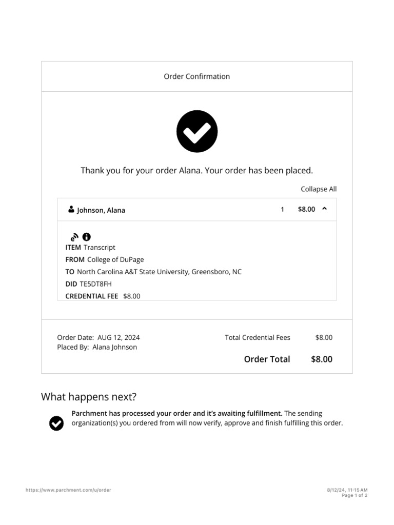 Order Confirmation for Transcript Request | PDF