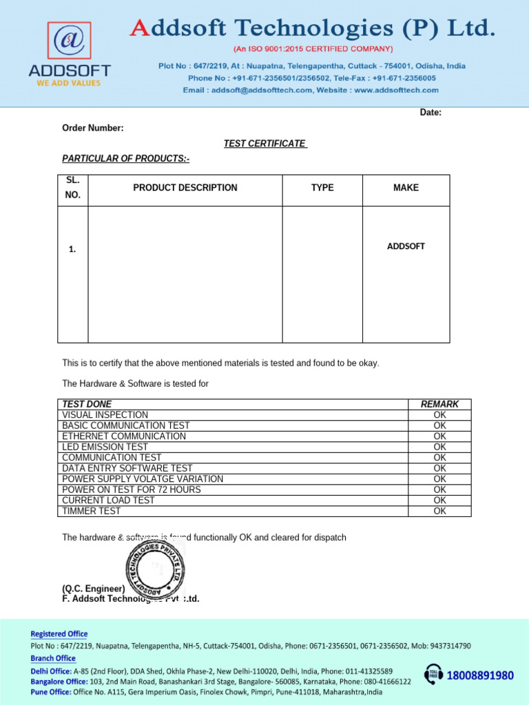 Addsoft Technologies Test Certificate | PDF