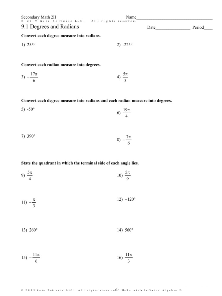 Converting Degrees to Radians Worksheet | PDF | Geometry | Space