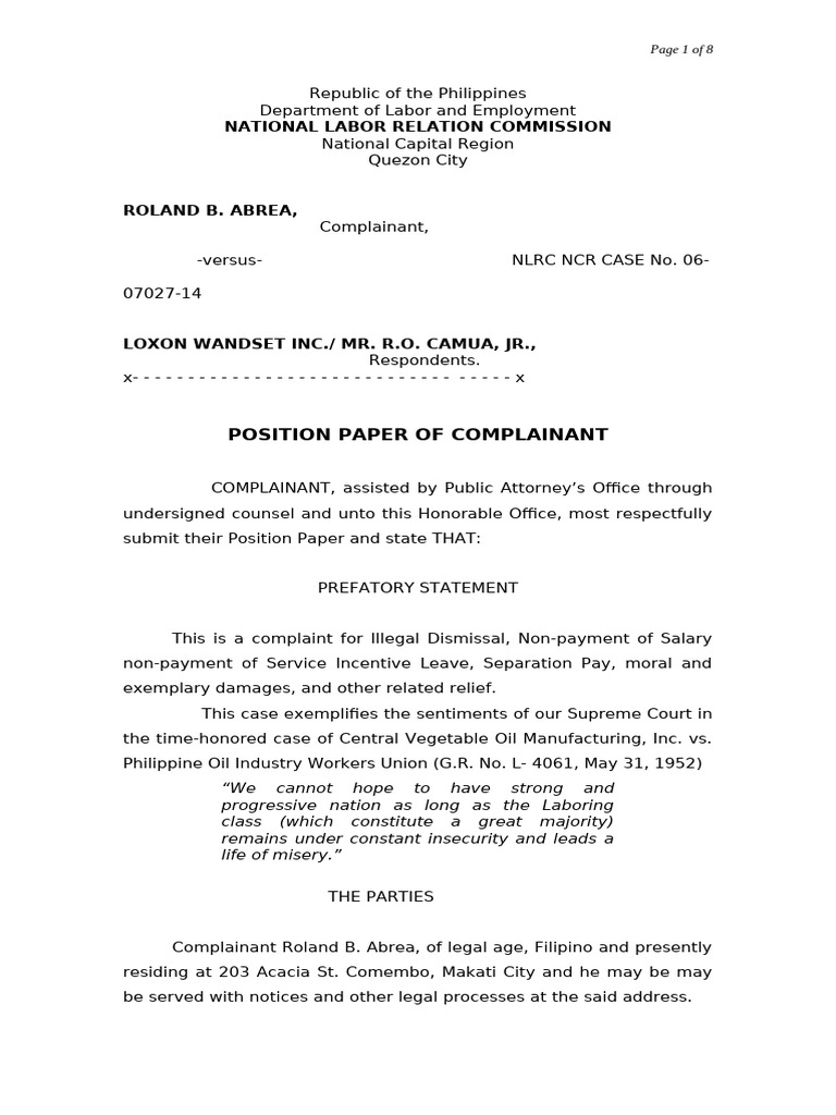 Illegal Dismissal Case Position Paper | PDF | Employment | Damages