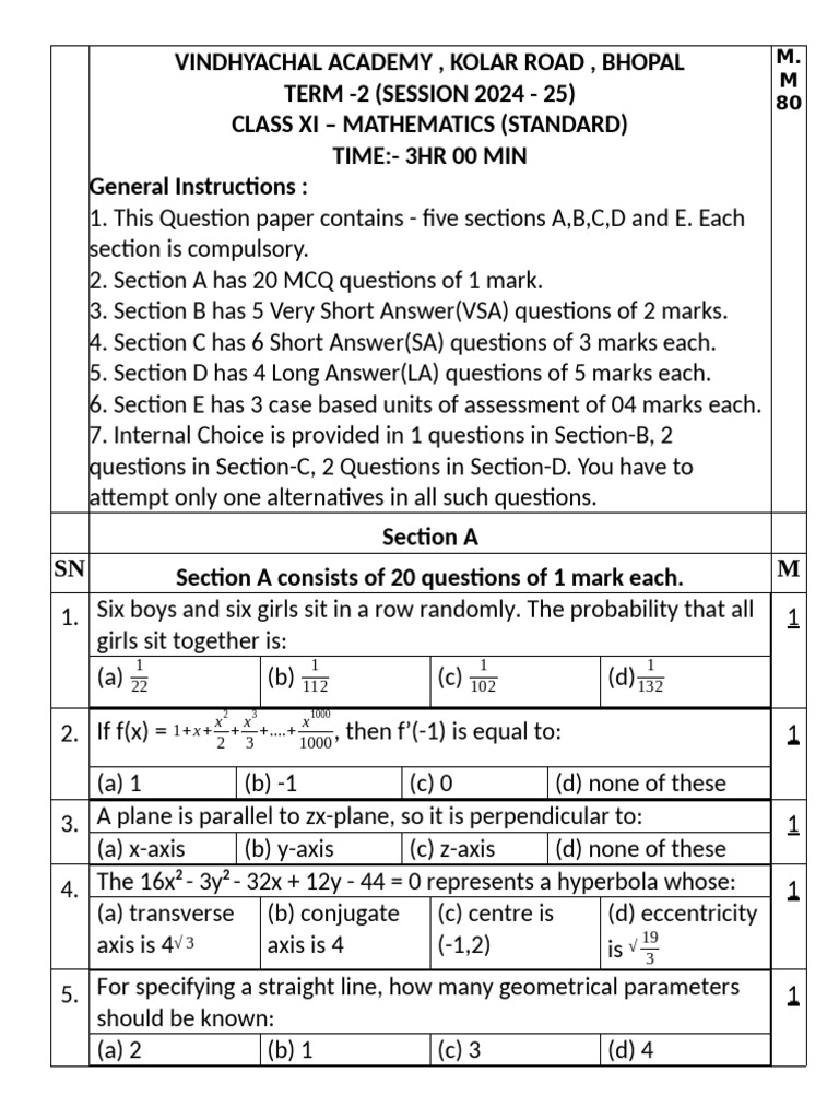 Class XI Mathematics Exam Paper | PDF | Mathematics | Mathematical Concepts