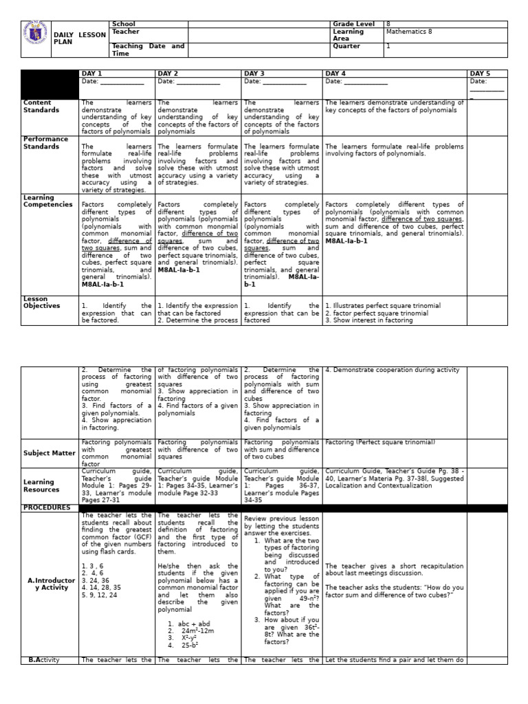 8th Grade Daily Math Lesson Plan | PDF | Factorization | Polynomial