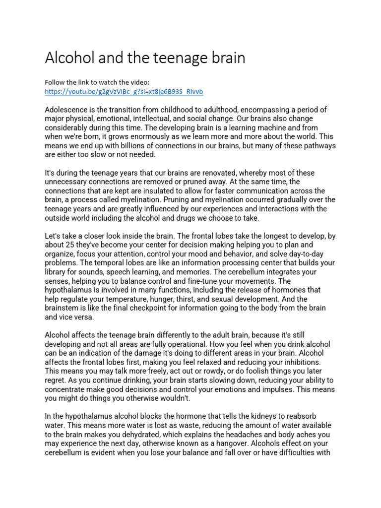 Alcohol and The Teenage Brain | PDF | Adolescence | Brain