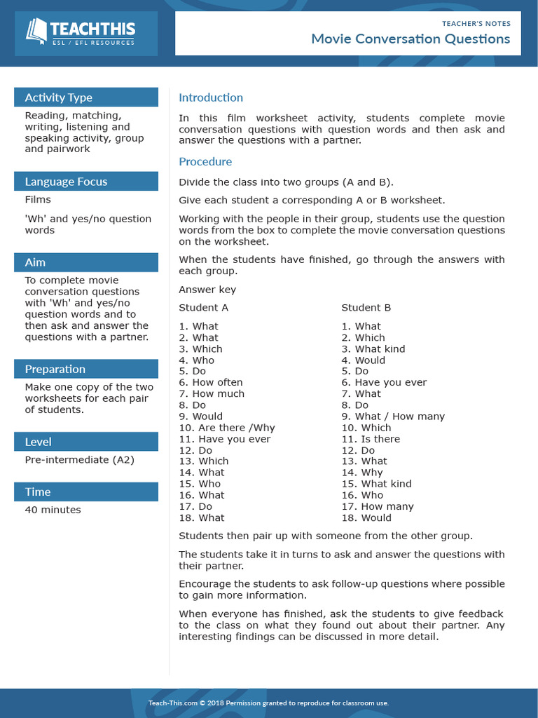 Movie Conversation Questions Activity | PDF | Question | English As A ...