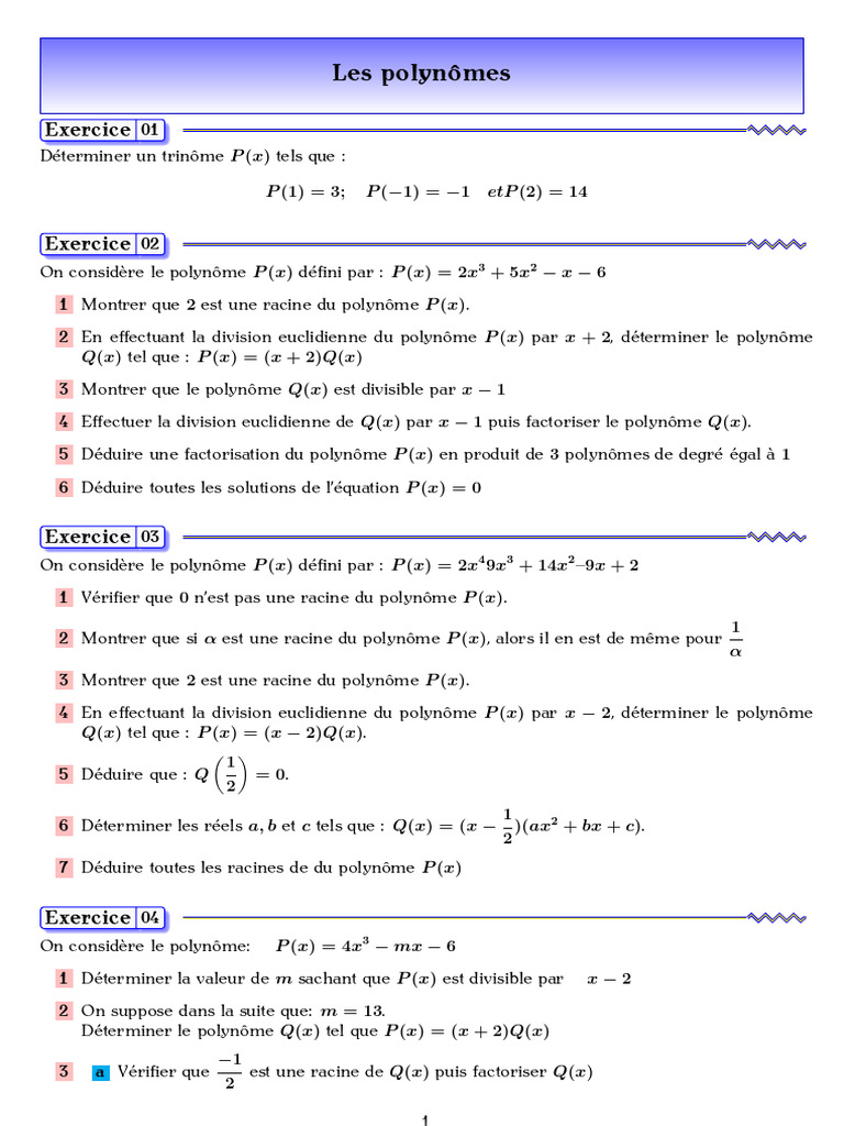 Exercices sur les polynômes | PDF | Zéro d'une fonction | Polynôme