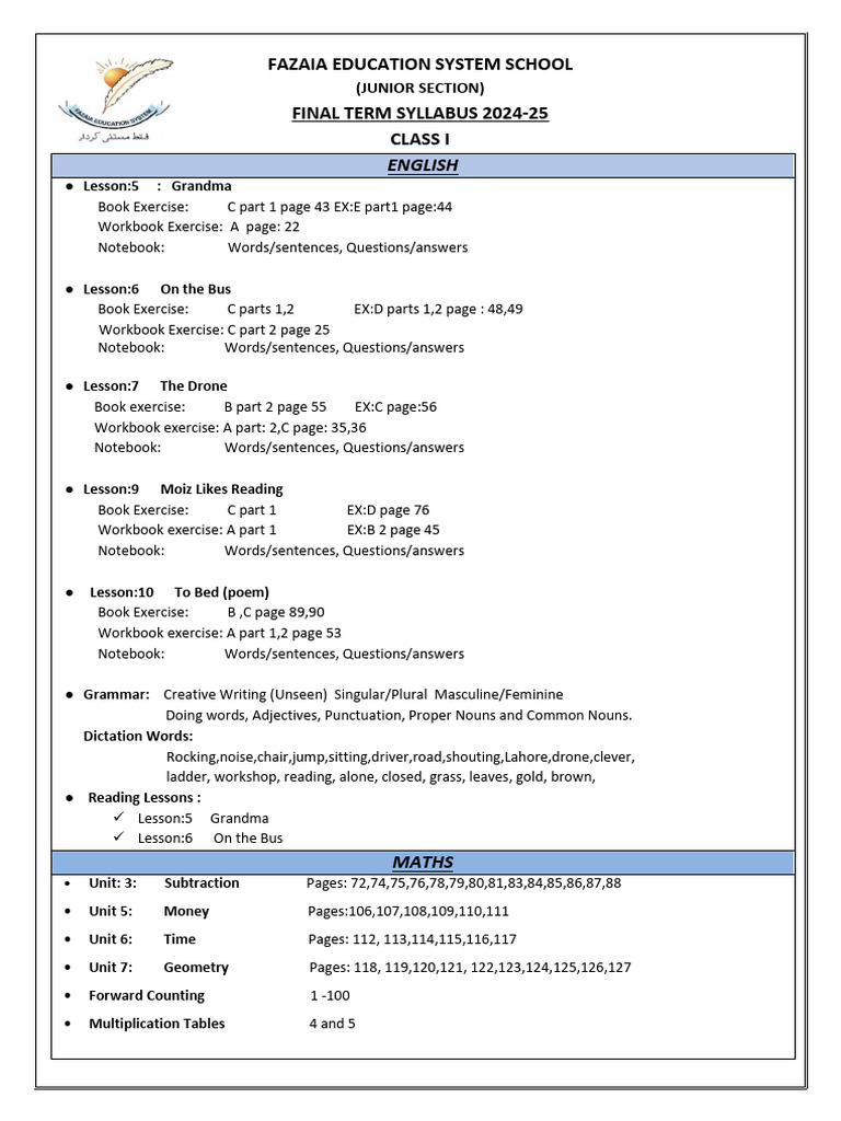 Class I Final Term Syllabus 2024-25 | PDF | Grammatical Gender | Noun