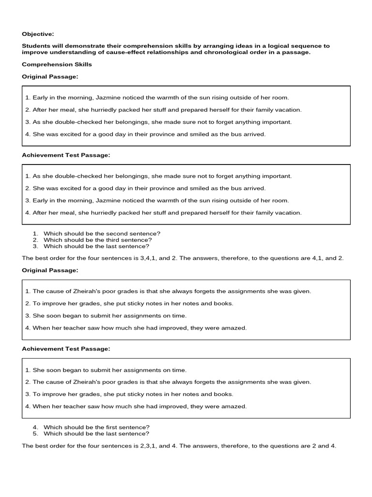 Comprehension Skills: Cause-Effect Order | PDF