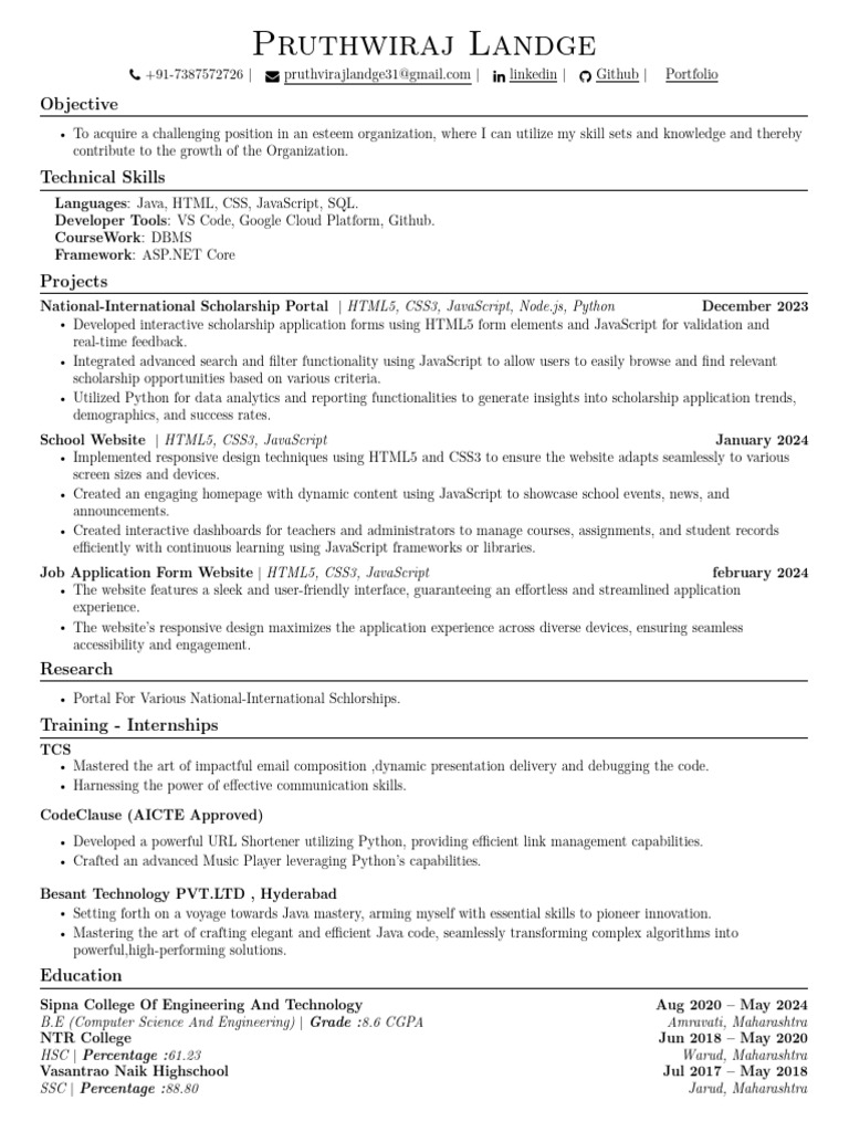 Pruthwiraj Landge Resume | PDF | Java Script | Websites