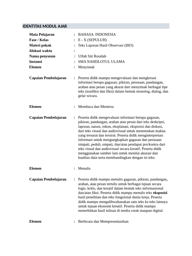 Contoh Modul Ajar Mapel BHS INDONESIA | PDF