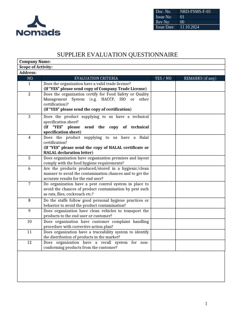 Supplier Evaluation Questionnaire Template | PDF | Specification ...