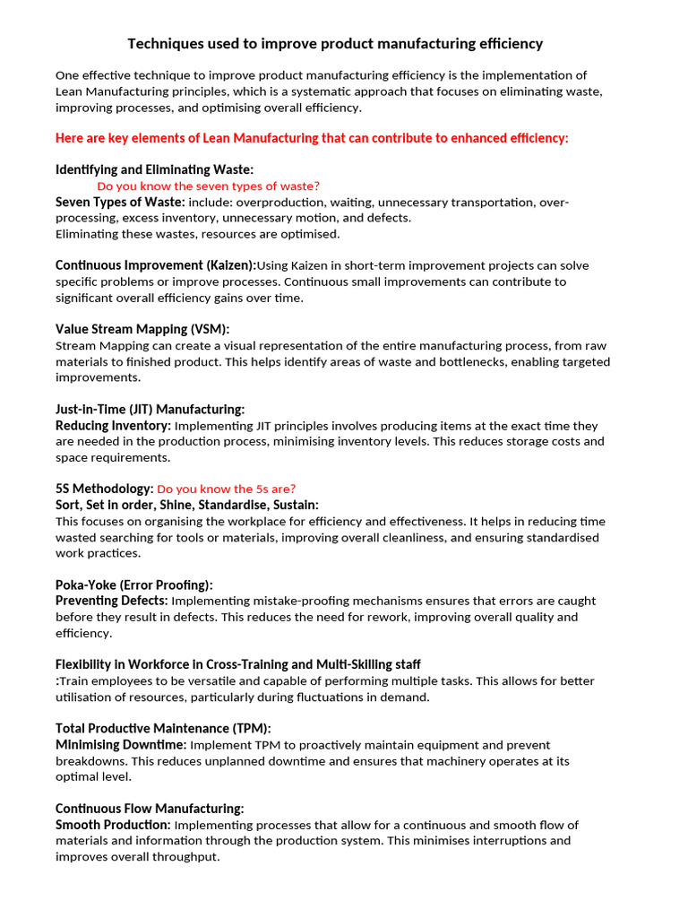 Boosting Manufacturing Efficiency Techniques | PDF | Lean Manufacturing ...