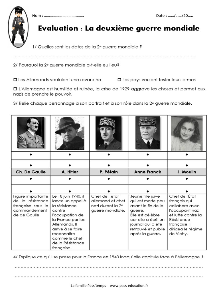 Évaluation CM2 : Seconde Guerre mondiale | PDF | France de Vichy ...