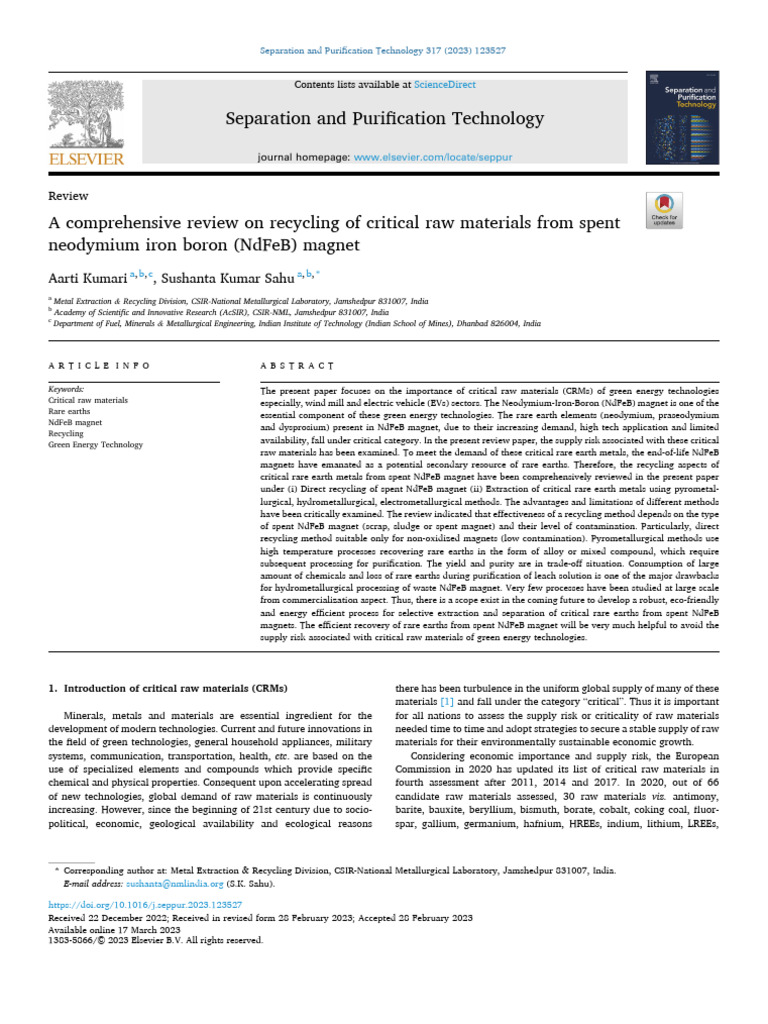 A comprehensive review on recycling of critical raw materials from ...