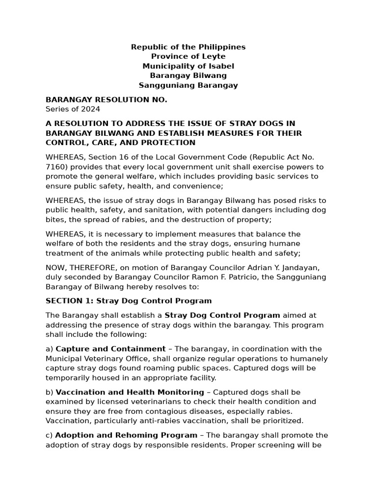 Stray Dog Control Ordinance Bilwang | PDF | Pet | Leash