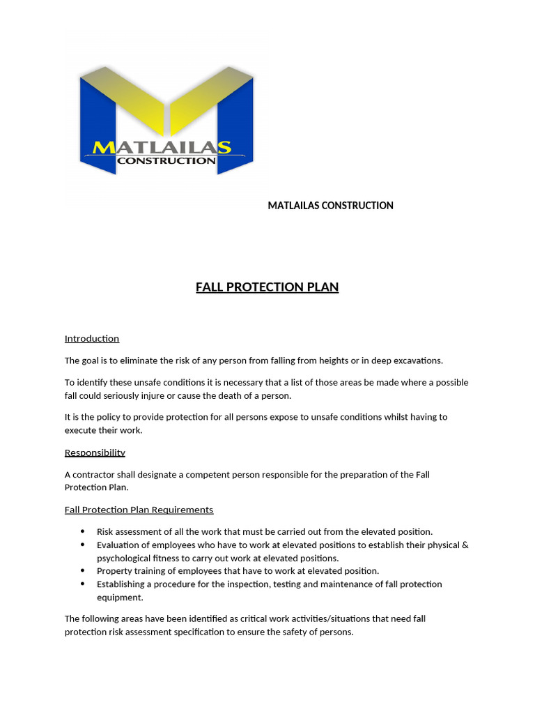 Fall Protection Plan for Matlailas Construction | PDF | Occupational ...