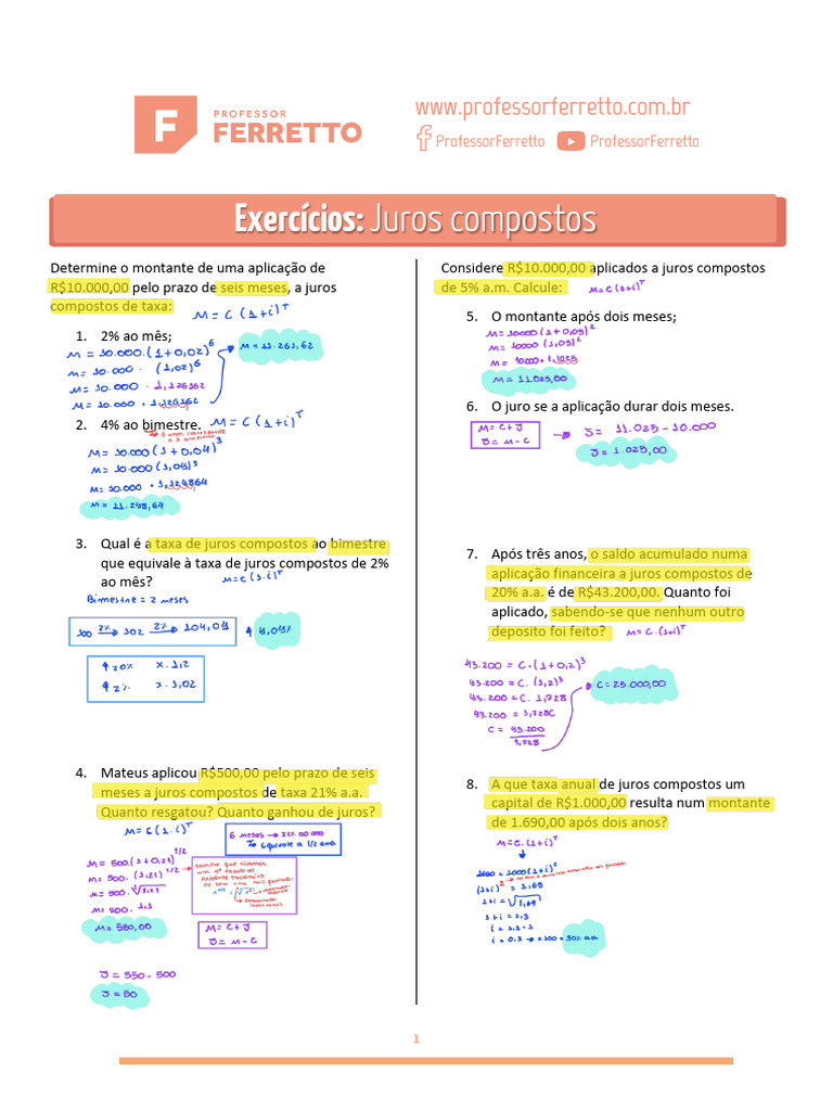 Cálculos de Juros Compostos e Exercícios | PDF | Juros | Distribuição ...