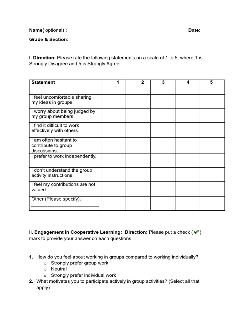 Student Group Work Engagement Survey | PDF