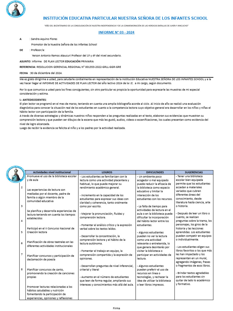 Informe Plan Lector 2024 en Educación Primaria | PDF | Comprensión ...