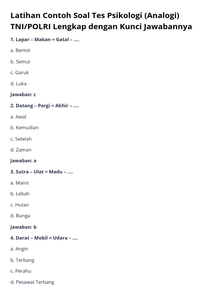Latihan Contoh Soal Tes Psikologi Analogi Tnipolri Lengkap Dengan